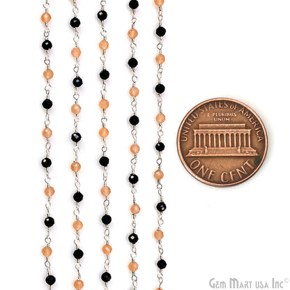 Caramel Monalisa & Black Monalisa Faceted 3-3.5mm Silver Plated Beaded Wire Wrapped Rosary Chain