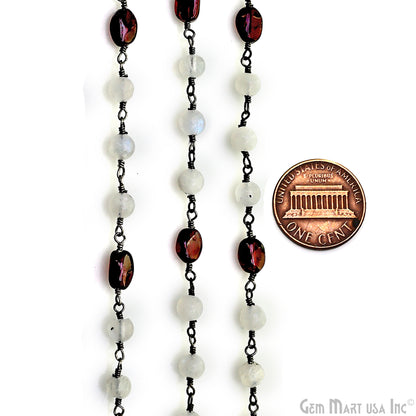 Rainbow Moonstone Round Cabochon & Garnet Tumble Beads Oxidized Wire Wrapped Rosary Chain