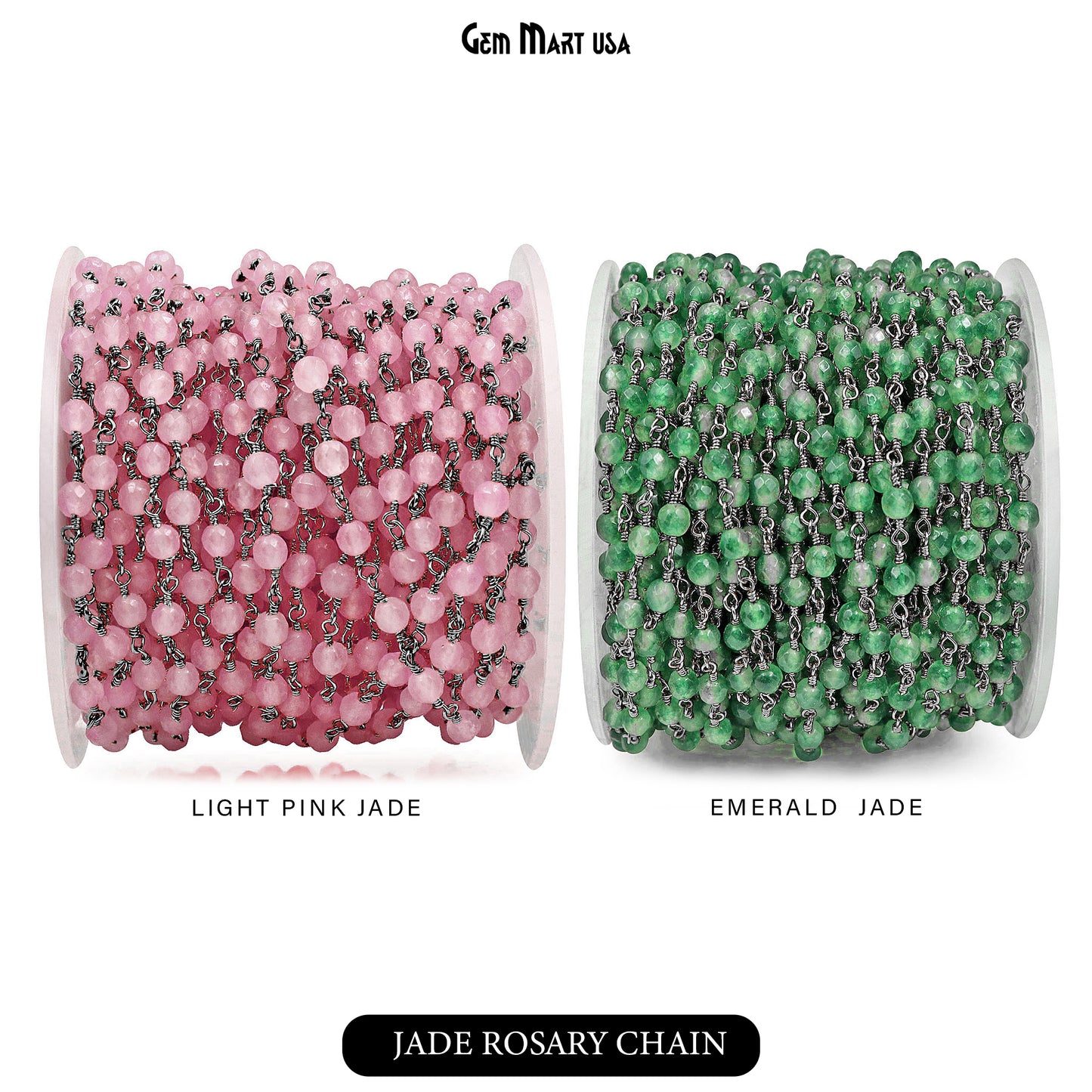 Dyed Jade Bead Faceted Crystal Round Rosary Chain Black Plating, 4mm, 1+ ft