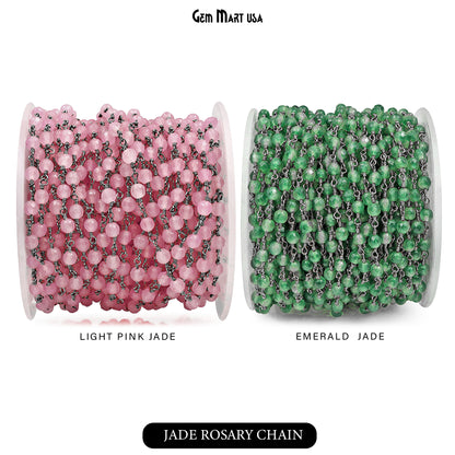 Dyed Jade Bead Faceted Crystal Round Rosary Chain Black Plating, 4mm, 1+ ft