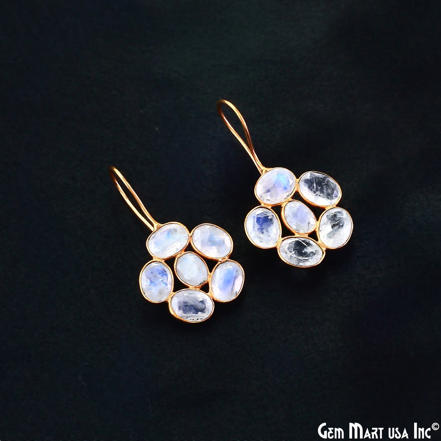 Rainbow Moonstone Drop Earrings 35x21mm Oval Cluster, Gold Plated Dangle Jewelry