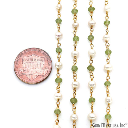 Peridot With Freshwater Pearl Gold Plated Wire Wrapped Beads Rosary Chain