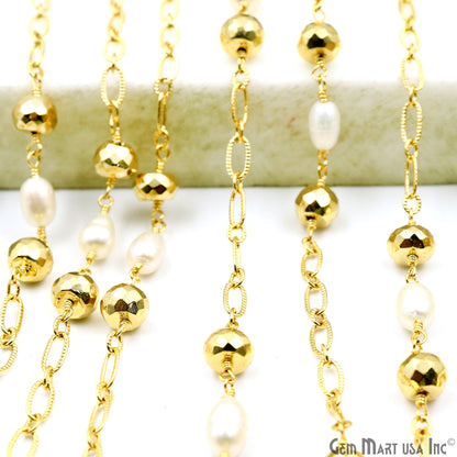 Golden Pyrite 6-7mm & Freshwater Pearl Round Beads Gold Plated Finding Rosary Chain