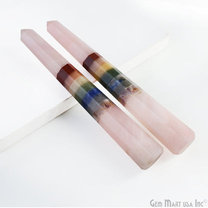 7 Chakra With Rose Quartz Point Pencil Jumbo Tower Healing Meditation Gemstones 5 Inch