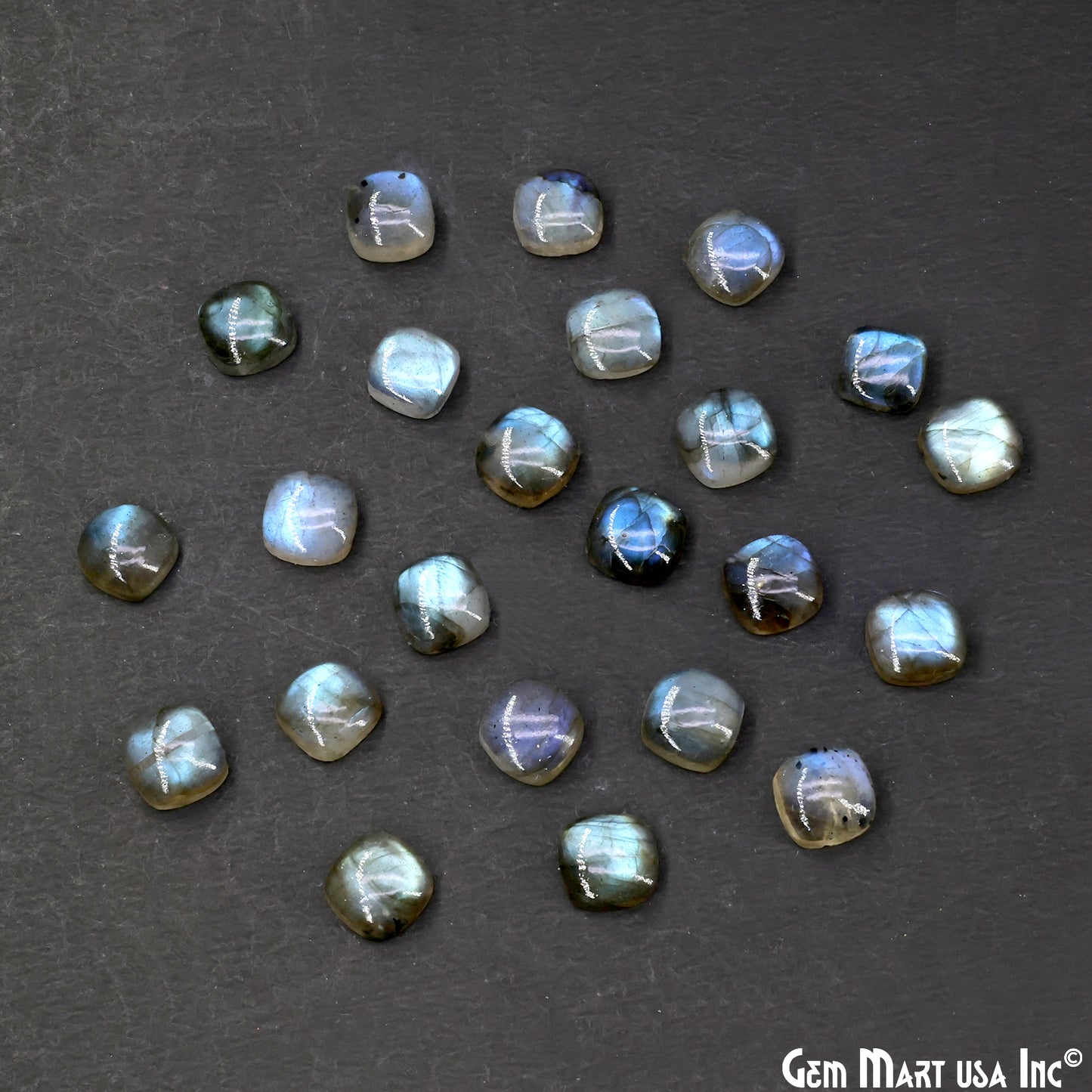 Labradorite Wholesale Gemstones, 100% Natural Semi-Precious Gems, Blue Flash Cabochon Loose Gems, 8mm, Cushion, 4PC Lot