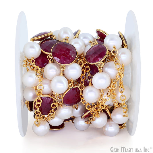 Ruby And Pearl Beads Gold Plated Round Shape Bezel Link Continuous Connector Chain