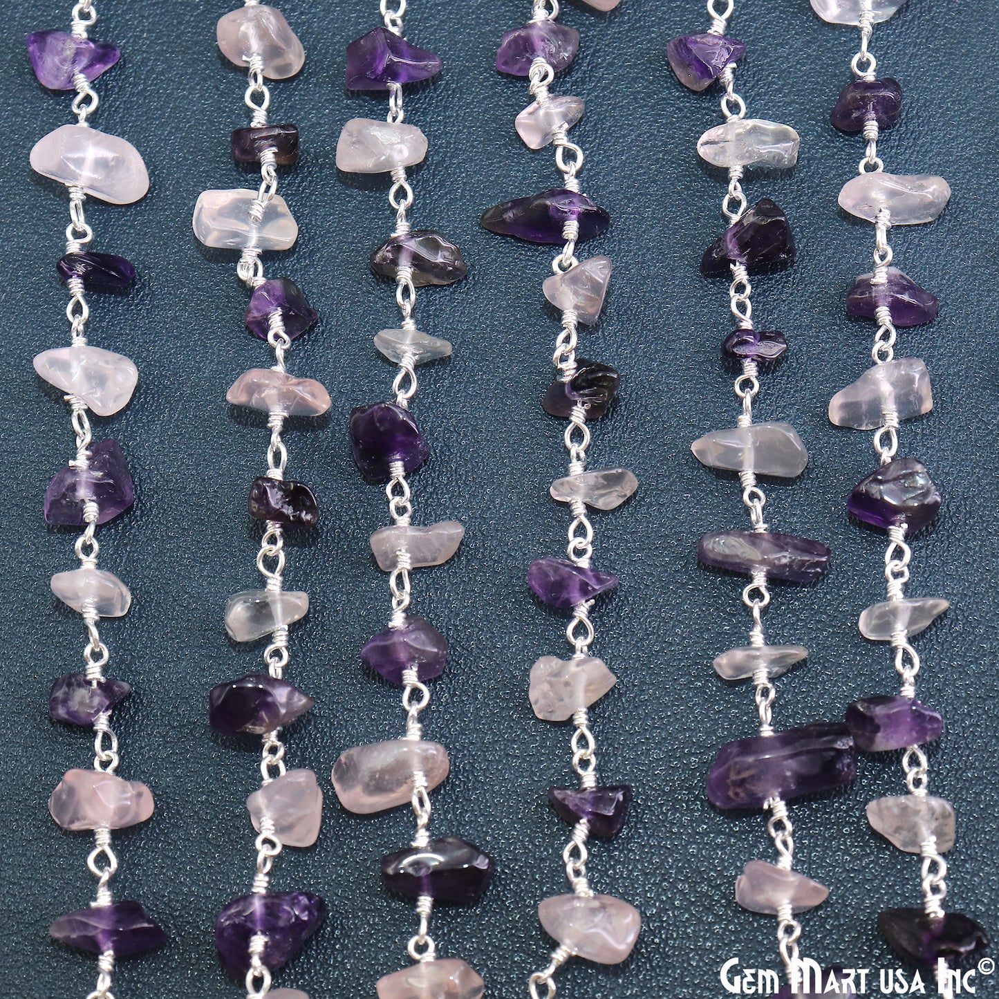 Amethyst & Rose Quartz  Nugget Chip 4-6mm Silver Wire Wrapped Rosary Chain