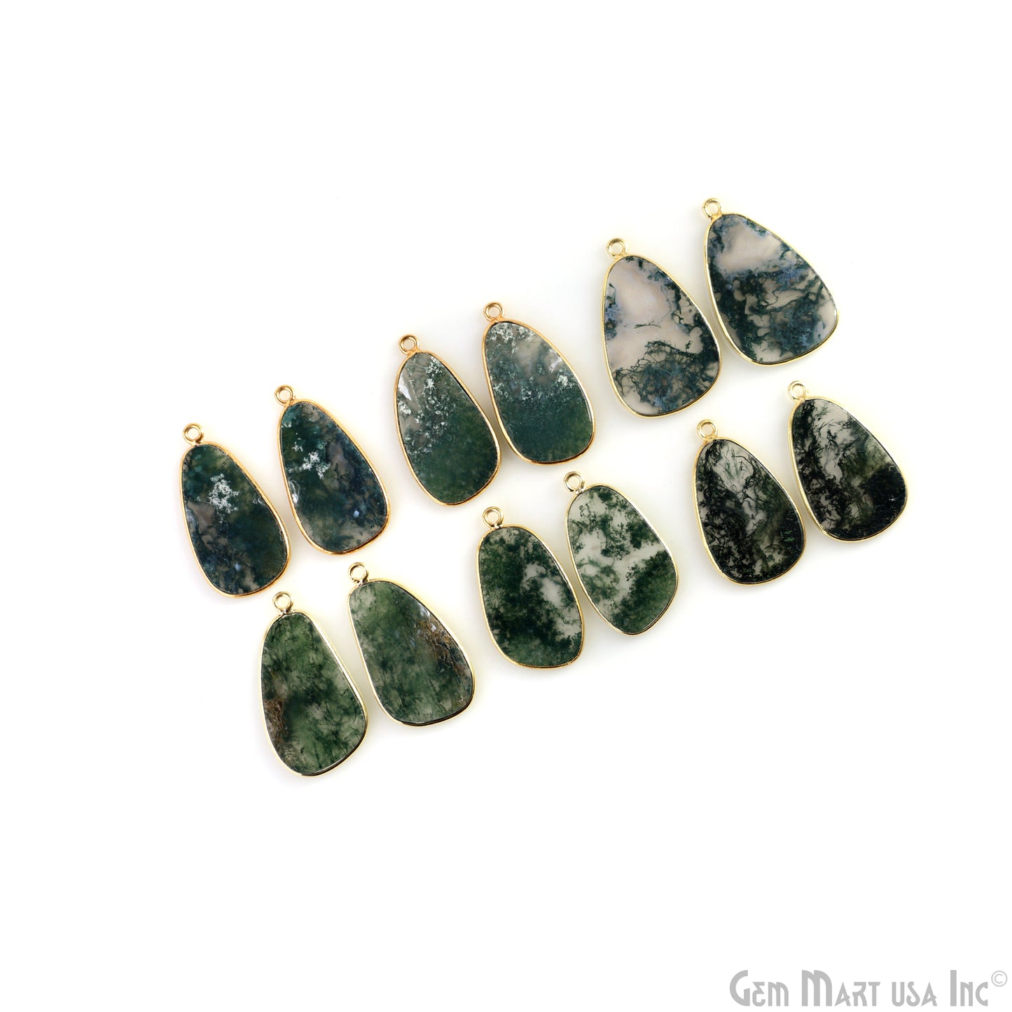 Moss Agate Pears Gold Plated Single Bail Bezel Smooth Slab Slice Thick Gemstone Connector 29x16mm 1 Pair