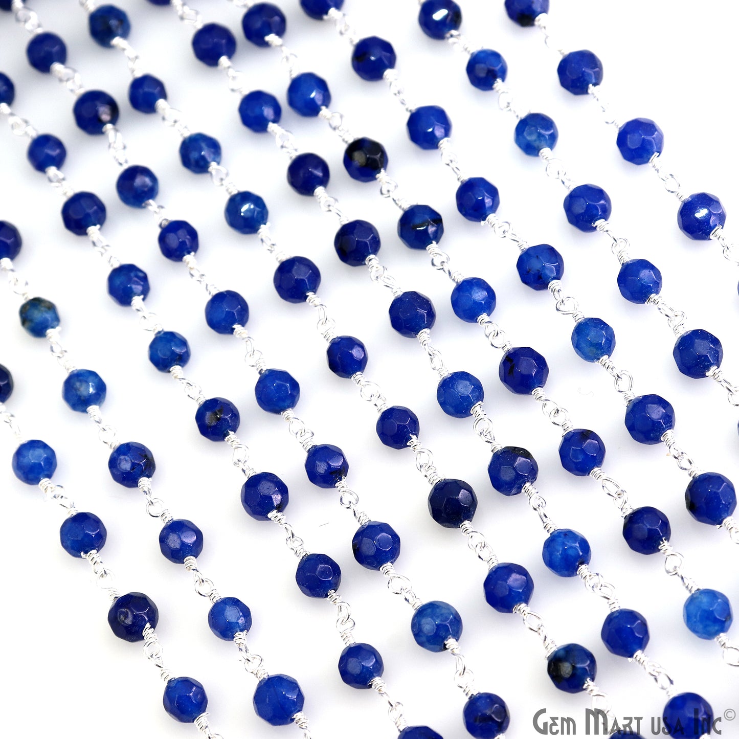 Blue Jade Faceted Beads 5mm Silver Plated Wire Wrapped Rosary Chain