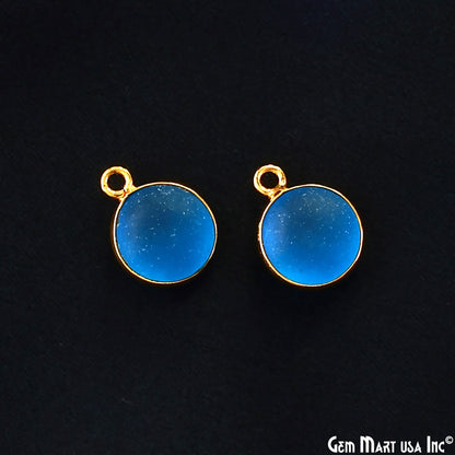 Swiss Blue Frosted Round 10mm Gold Plated Single Bail Bezel Gemstone Connector