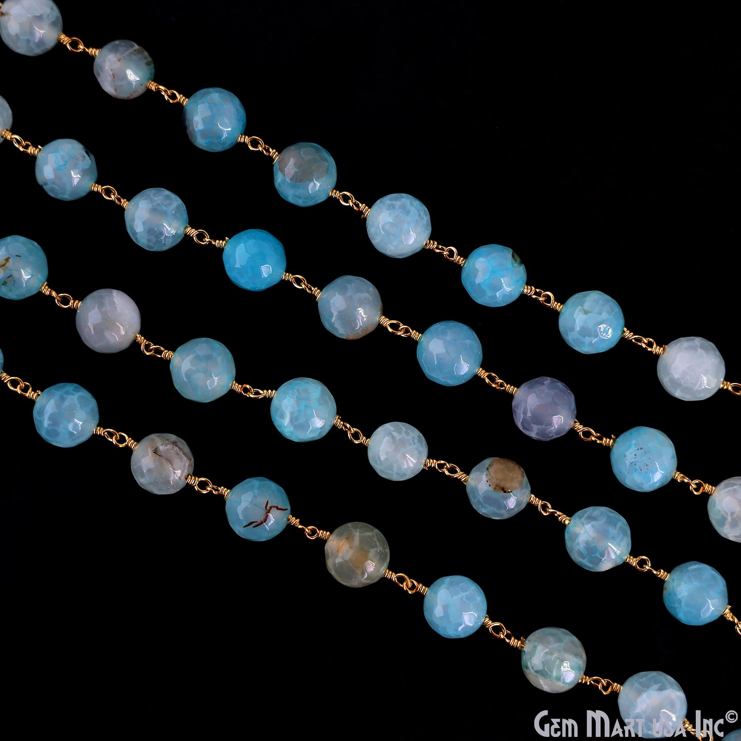 Sky Blue Banded Agate Jade Faceted Beads 10mm Gold Wire Wrapped Rosary Chain