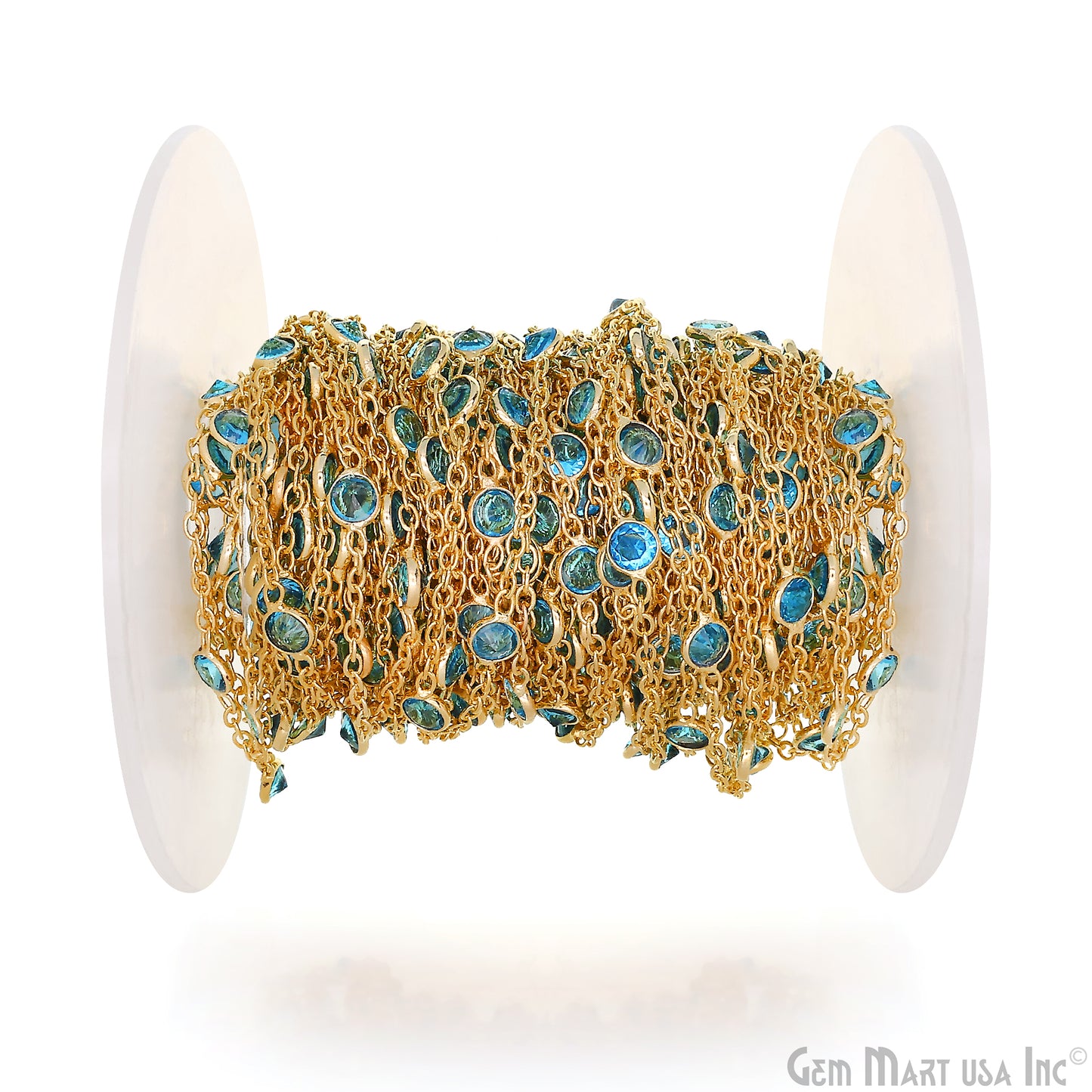 Swiss Blue Topaz Round 4mm Gold Plated Bezel Connector Rosary Chain