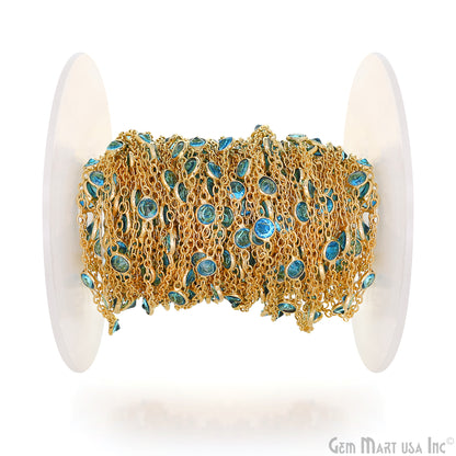 Swiss Blue Topaz Round 4mm Gold Plated Bezel Connector Rosary Chain