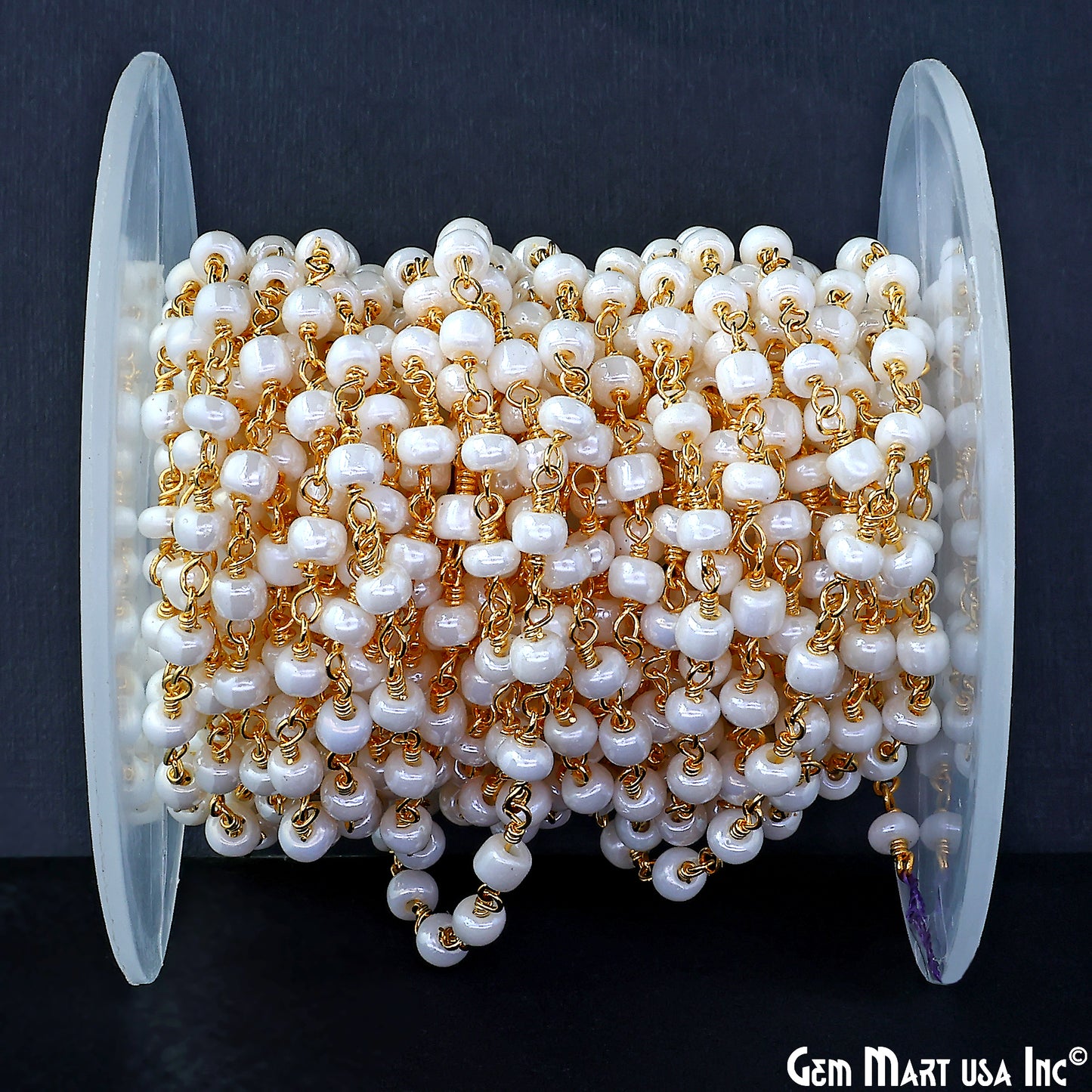 Synthetic Pearl Cabochon Beads 4mm Gold Wire Wrapped Rosary Chain