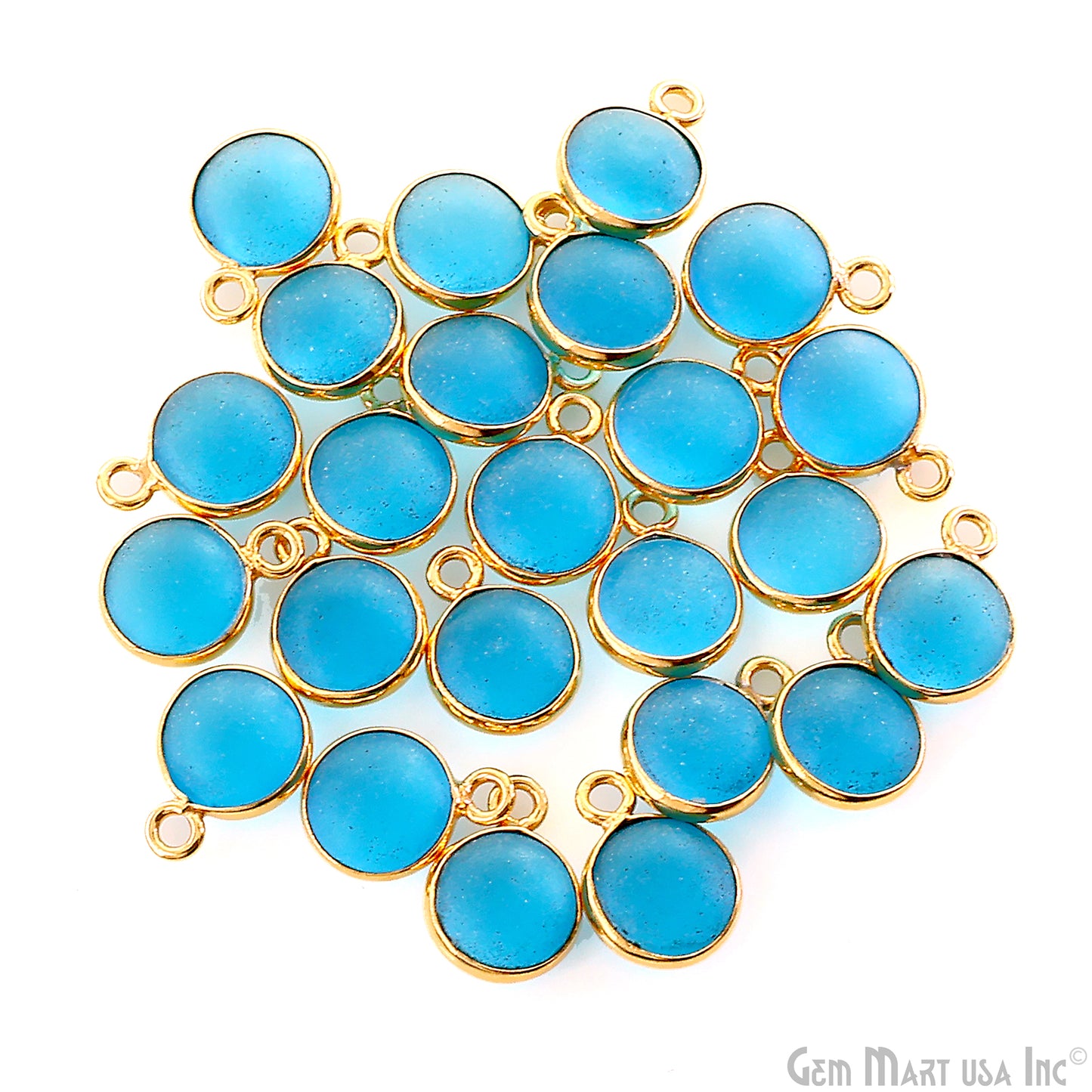 Swiss Blue Frosted Round 8mm Gold Plated Single Bail Bezel Gemstone Connector