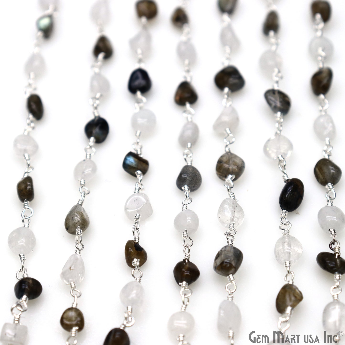 Rainbow Moonstone & Labradorite Tumble Beads 8x5mm Beads Silver Plated Rosary Chain