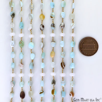 Amazonite & White Chalcedony Tumble Beads Gold Plated Wire Wrapped Rosary Chain