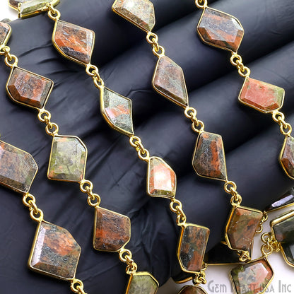 Unakite 10-15mm Faceted Free Form Gold Plated Bezel Connector Link Chain