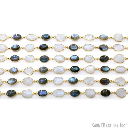 Rainbow Moonstone Faceted & Labradorite Oval 10-15mm Cabochon Bezel Link Connector Chain