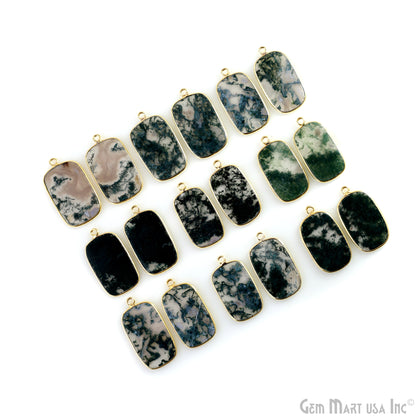 Moss Agate Octagon Gold Plated Single Bail Bezel Smooth Slab Slice Thick Gemstone Connector 30x17mm 1 Pair