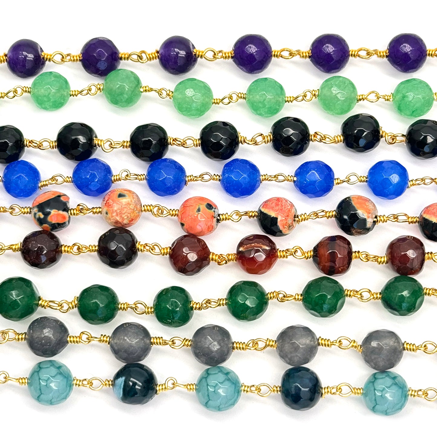 Dyed Jade Bead Faceted Crystal Round Rosary Chain Gold Plating, 8mm, 1+ ft