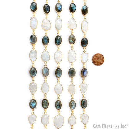 Rainbow Moonstone 10-15mm Faceted & Labradorite Oval 10x14mm Cabochon Bezel Link Connector Chain