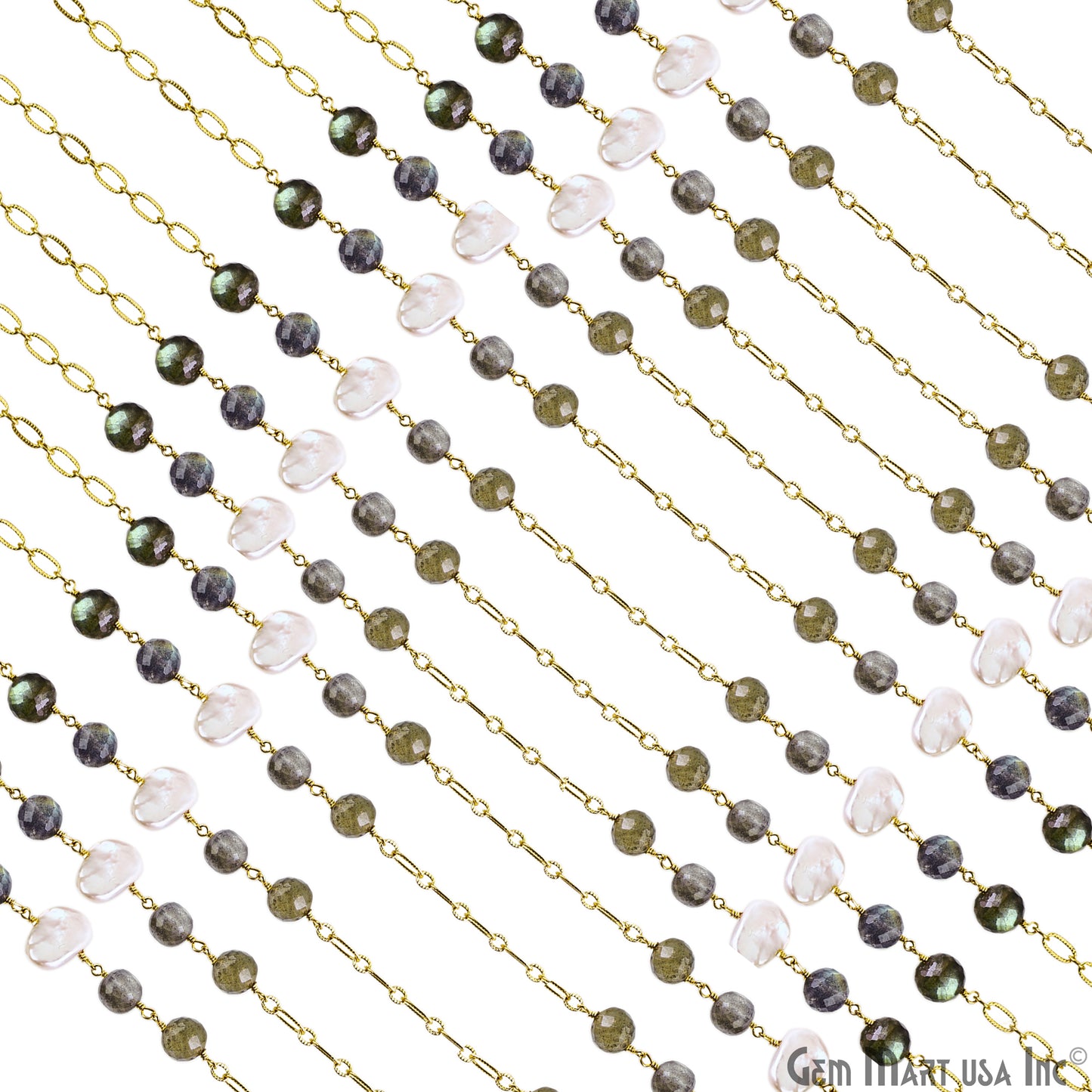 Labradorite & Pearl Round Beads Gold Plated Finding Rosary Chain