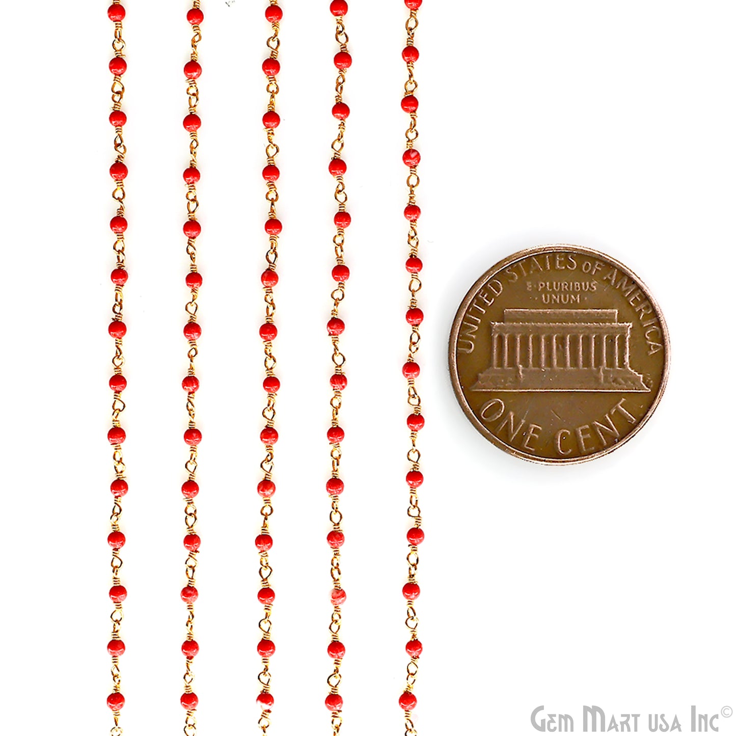 Coral Color Cabochon Beads 2mm Gold Plated Gemstone Rosary Chain