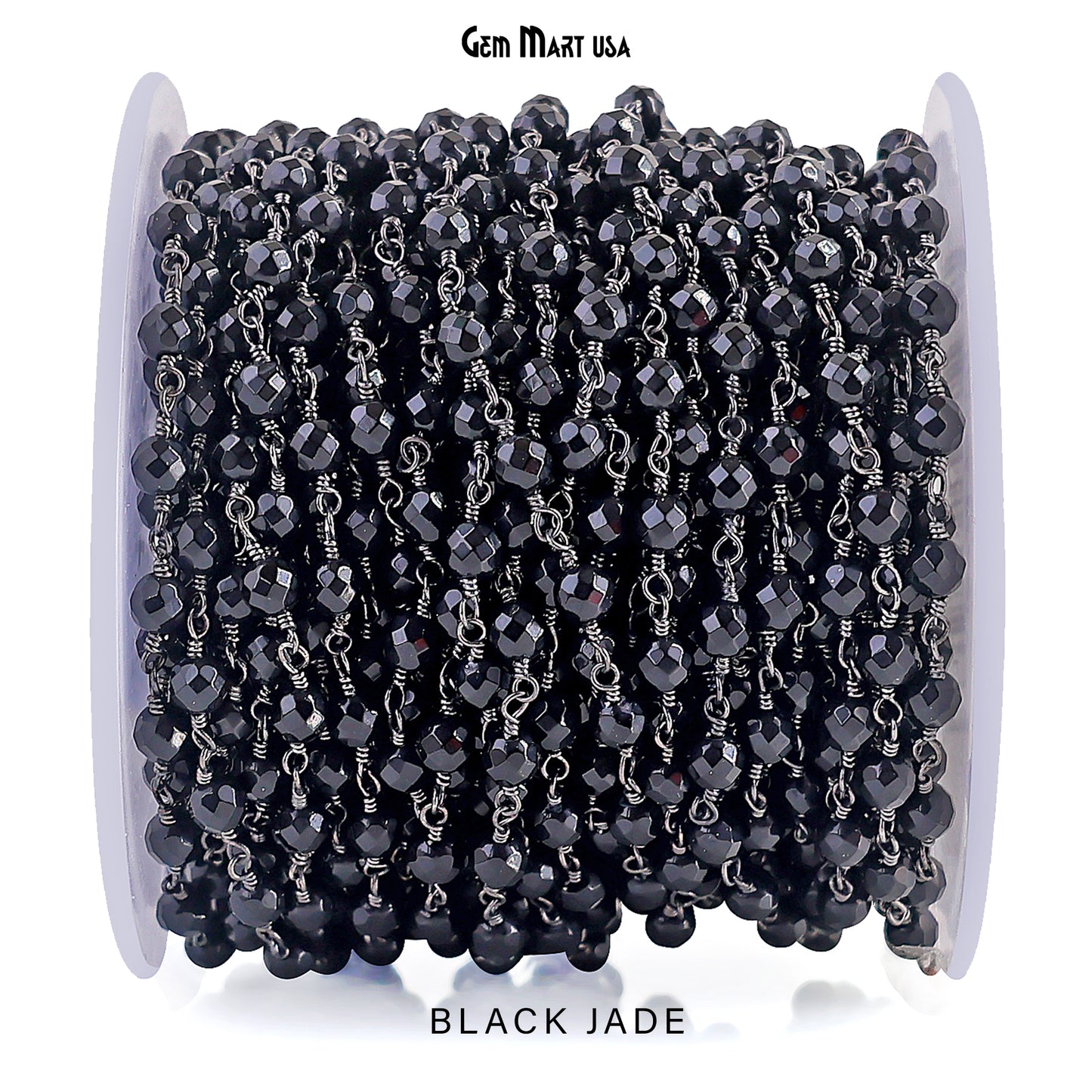 Dyed Jade Bead Faceted Crystal Round Rosary Chain Black Plating, 4mm, 1+ ft