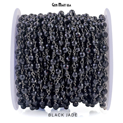 Dyed Jade Bead Faceted Crystal Round Rosary Chain Black Plating, 4mm, 1+ ft