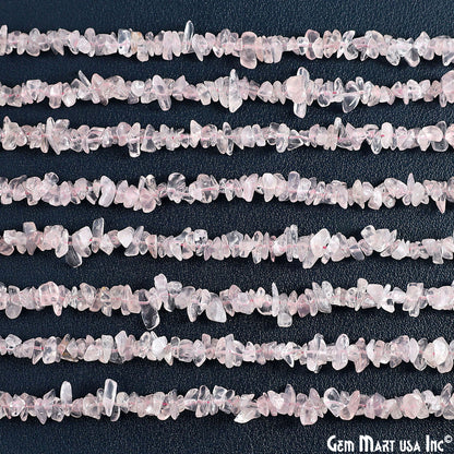 Rose Quartz Chip Beads, 34 Inch, Natural Chip Strands, Drilled Strung Nugget Beads, 3-7mm, Polished, GemMartUSA (CHRQ-70001)