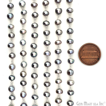 Gray Pearl Cabochon Beads 8-9mm Silver Plated Gemstone Rosary Chain