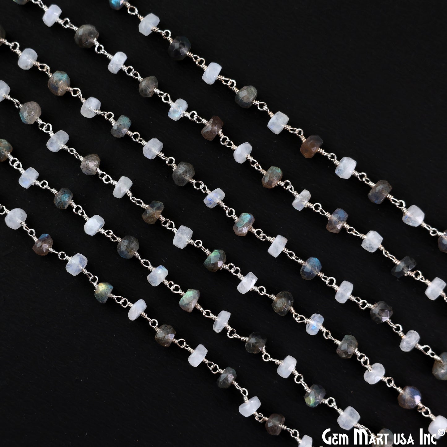 Moonstone & Labradorite Oblate Faceted Beads 6-7mm Silver Wire Wrapped Rosary Chain