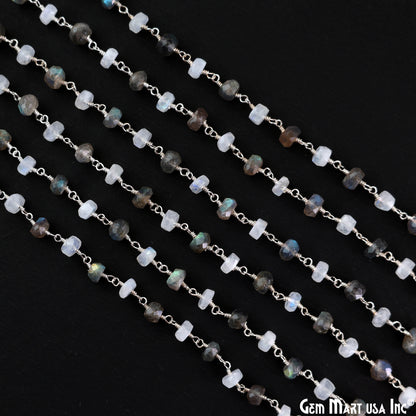 Moonstone & Labradorite Oblate Faceted Beads 6-7mm Silver Wire Wrapped Rosary Chain