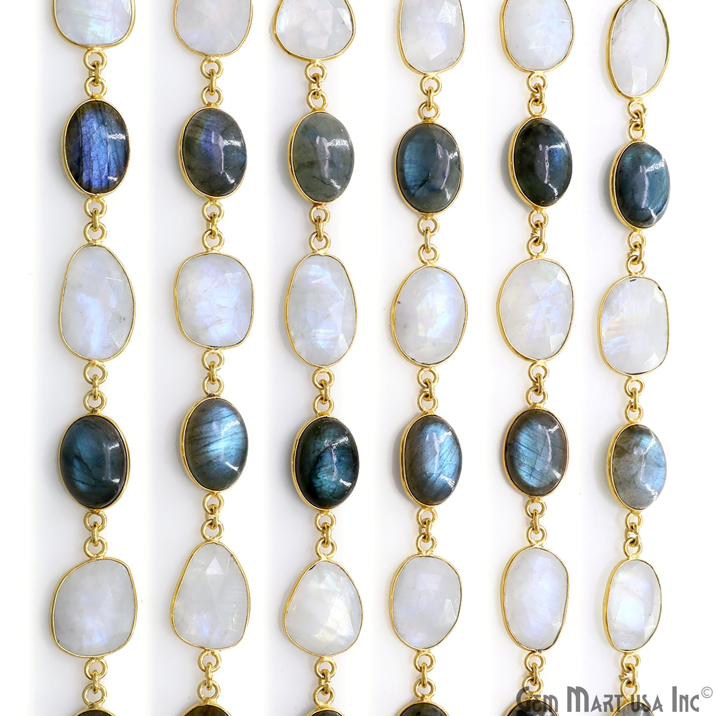 Rainbow Moonstone Faceted & Labradorite Oval 10-15mm Cabochon Bezel Link Connector Chain