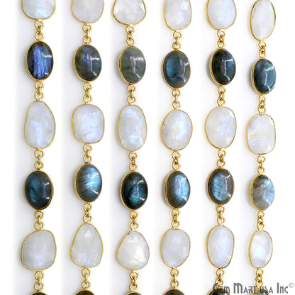 Rainbow Moonstone Faceted & Labradorite Oval 10-15mm Cabochon Bezel Link Connector Chain