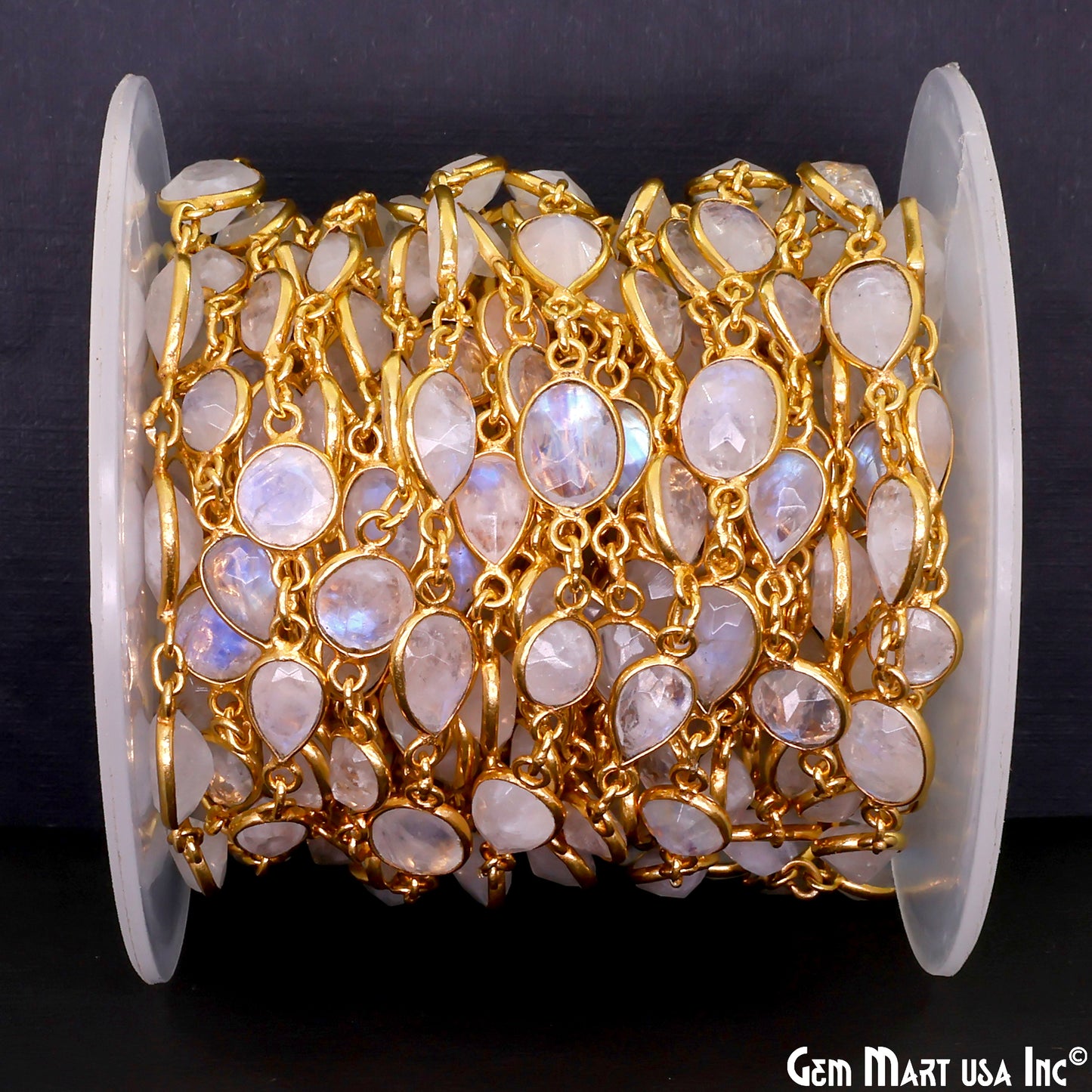 Rainbow Moonstone Below 10mm Gold Plated Bezel Continuous Connector Chain