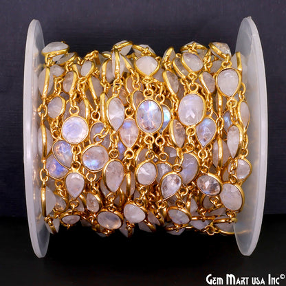 Rainbow Moonstone Below 10mm Gold Plated Bezel Continuous Connector Chain