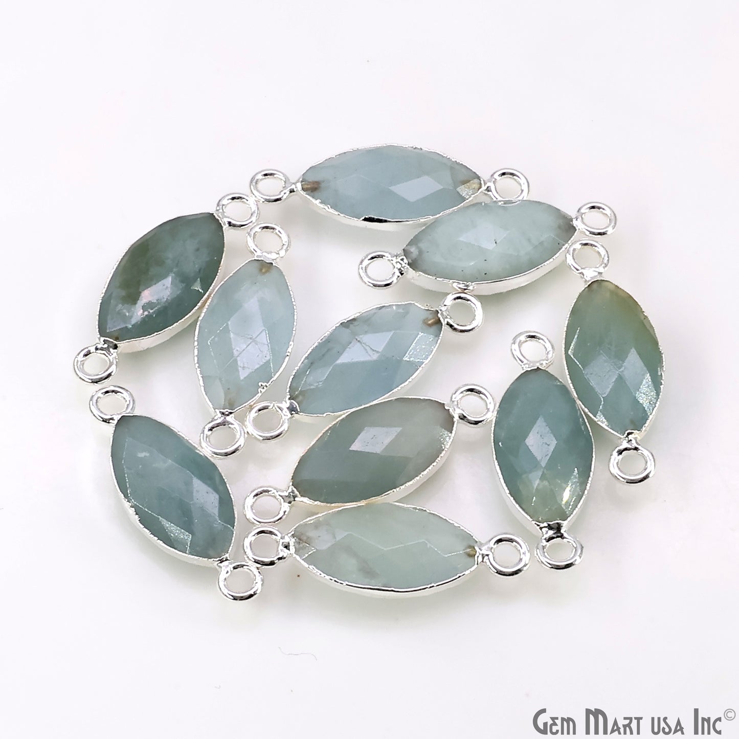 Aquamarine 8x16mm Marquise Double Bail Silver Electroplated Gemstone Connector