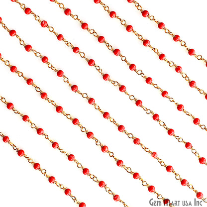 Coral Color Cabochon Beads 2mm Gold Plated Gemstone Rosary Chain