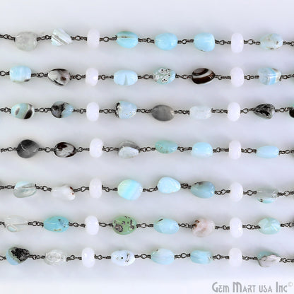 Amazonite & White Chalcedony Tumble Beads Oxidized Wire Wrapped Rosary Chain