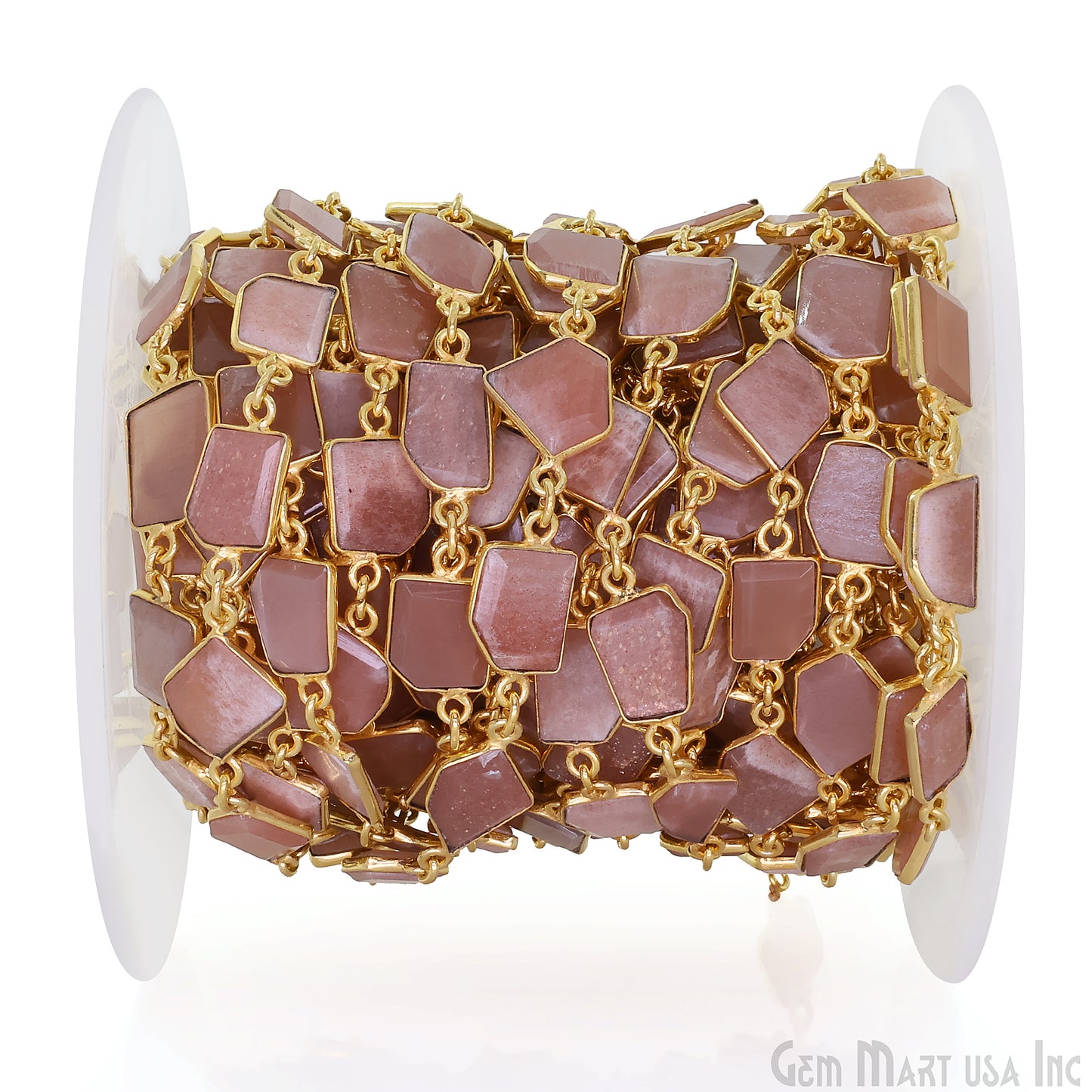 Peach Moonstone 10mm Faceted Free Form Gold Plated Bezel Connector Link Chain