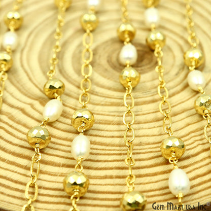 Golden Pyrite 6-7mm & Freshwater Pearl Round Beads Gold Plated Finding Rosary Chain