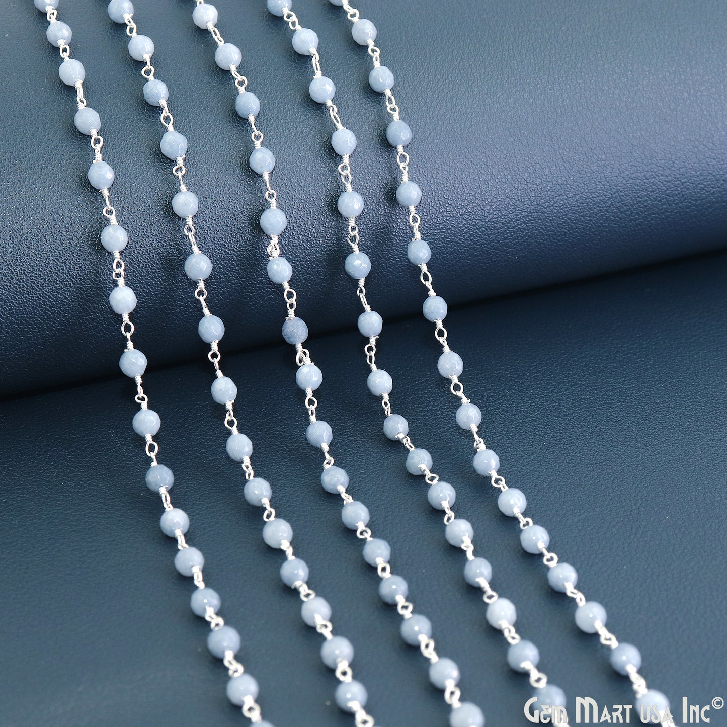 Blue Lace Agate Jade Faceted Beads 4mm Silver Wire Wrapped Rosary Chain