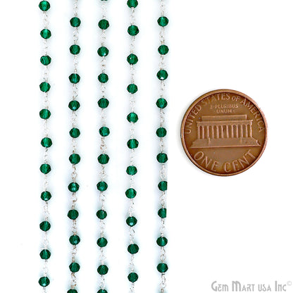 Green Zircon 3-3.5mm Faceted Beads Silver Wire Wrapped Rosary Chain