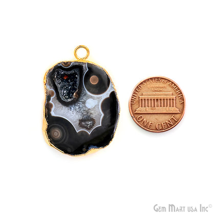 Black Agate Geode Druzy 1-2 Inch Single Bail Gold Electroplated Gemstone Connector