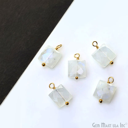 Rainbow Moonstone Square 8mm Gold Wire Wrapped Single Bail Gemstone Bead Connector