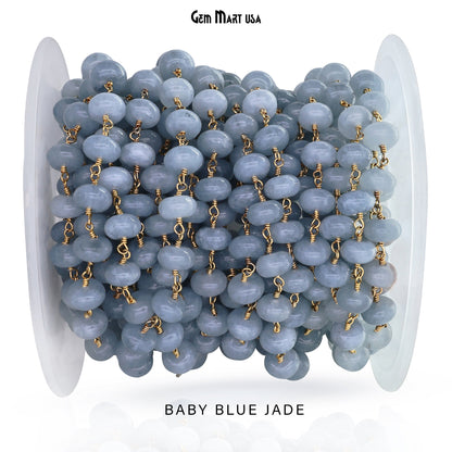Dyed Jade Bead Cabochon Crystal Round Rosary Chain Gold Plating, 8-9mm, 1+ ft