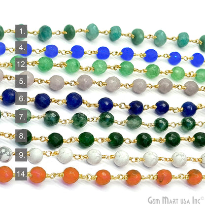 Dyed Jade Bead Faceted Crystal Round Rosary Chain Gold Plating, 5-6mm, 1+ ft