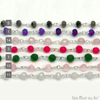 Dyed Jade Bead Faceted Crystal Round Rosary Chain Silver Plating, 4mm, 1+ ft